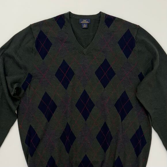 Brooks Brothers 346 Merino Wool V-Neck Pullover Sweater Dark Green Argyle | XL - Picture 2 of 9